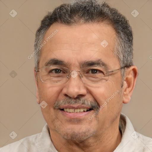 Joyful white middle-aged male with short  brown hair and brown eyes