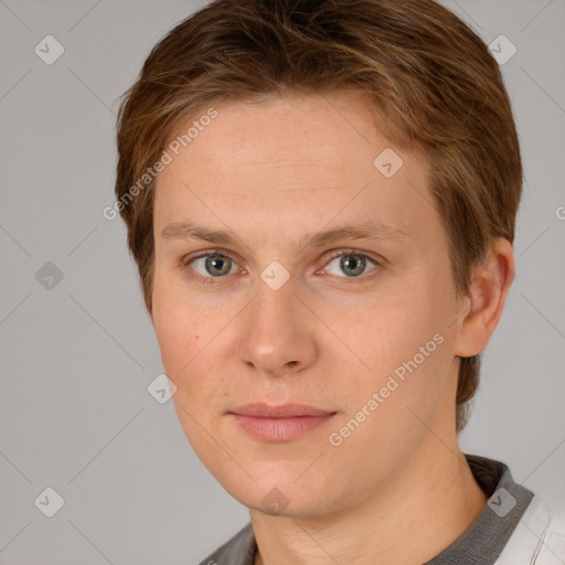 Joyful white young-adult female with short  brown hair and grey eyes