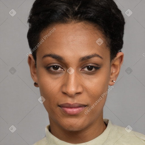 Joyful asian young-adult female with short  black hair and brown eyes