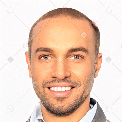 Joyful white young-adult male with short  black hair and brown eyes