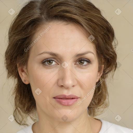 Joyful white young-adult female with medium  brown hair and green eyes