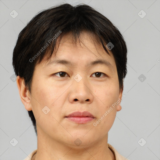 Neutral asian adult male with short  brown hair and brown eyes