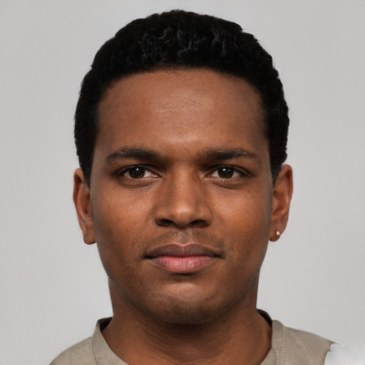 Neutral black young-adult male with short  black hair and brown eyes