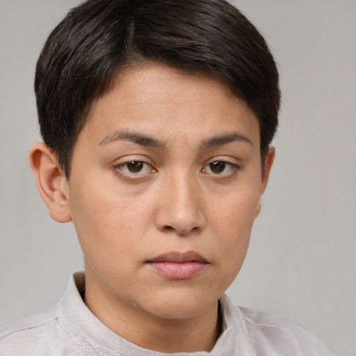 Neutral white young-adult female with short  brown hair and brown eyes