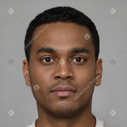 Neutral black young-adult male with short  black hair and brown eyes