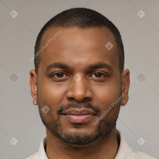 Neutral latino young-adult male with short  brown hair and brown eyes