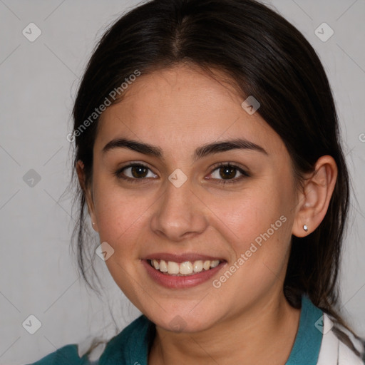 Joyful white young-adult female with medium  brown hair and brown eyes