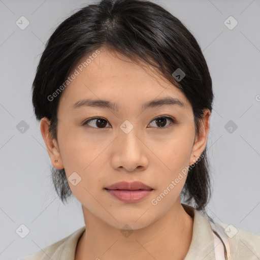 Neutral asian young-adult female with medium  black hair and brown eyes