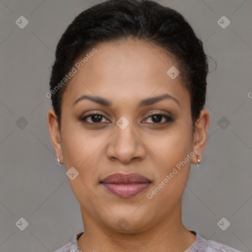 Joyful latino young-adult female with short  brown hair and brown eyes