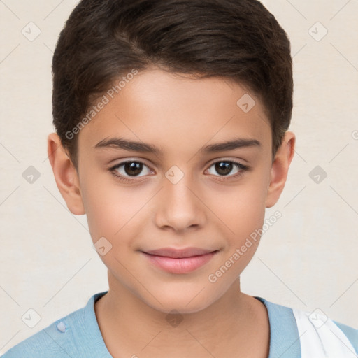 Joyful white child female with short  brown hair and brown eyes