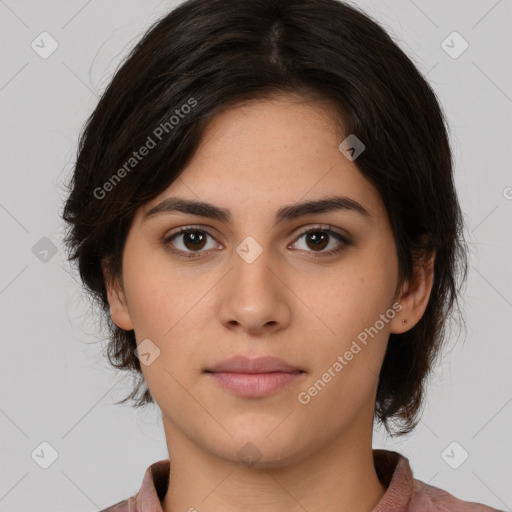 Neutral white young-adult female with medium  brown hair and brown eyes