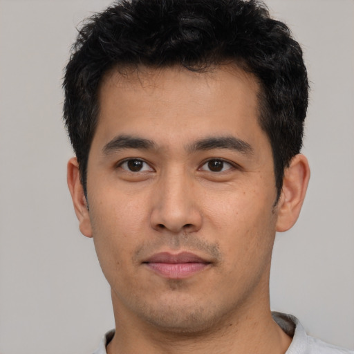 Neutral asian young-adult male with short  black hair and brown eyes