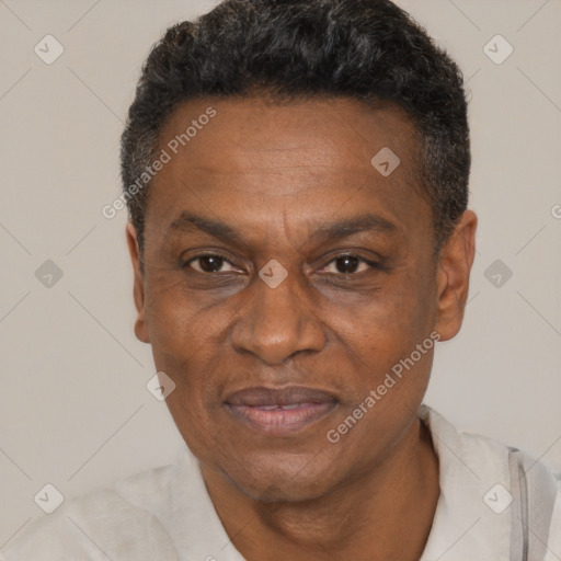 Joyful black adult male with short  black hair and brown eyes