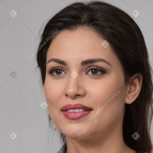 Joyful white young-adult female with medium  brown hair and brown eyes