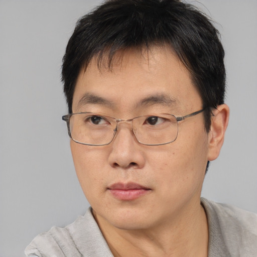 Neutral asian adult male with short  brown hair and brown eyes