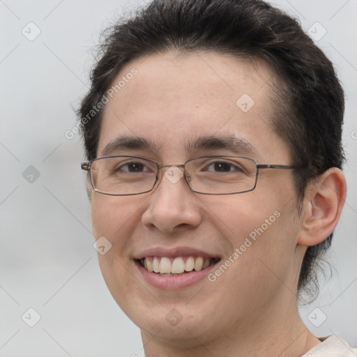 Joyful white young-adult female with short  brown hair and brown eyes