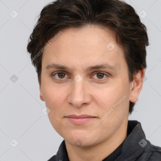 Joyful white adult female with short  brown hair and brown eyes