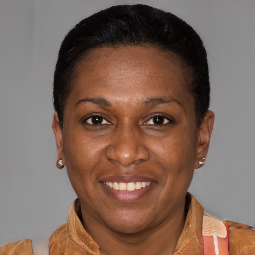 Joyful latino adult female with short  black hair and brown eyes