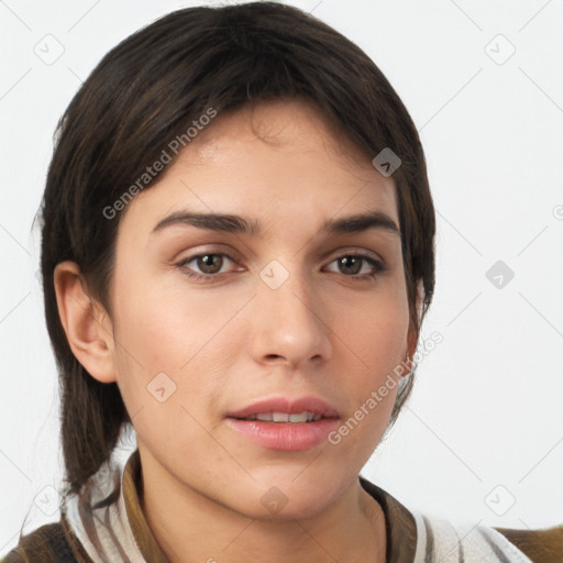 Neutral white young-adult female with short  brown hair and brown eyes