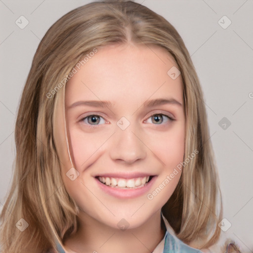 Joyful white young-adult female with medium  brown hair and blue eyes