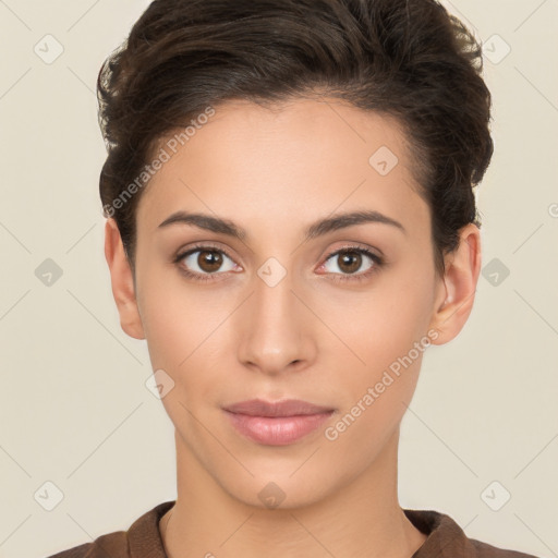 Neutral white young-adult female with short  brown hair and brown eyes