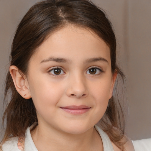 Joyful white child female with medium  brown hair and brown eyes