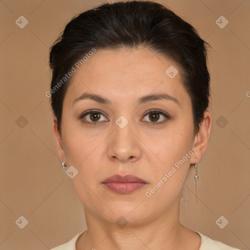 Neutral white young-adult female with short  brown hair and brown eyes