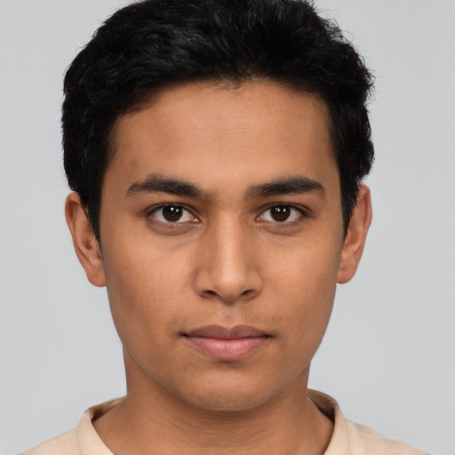 Neutral asian young-adult male with short  black hair and brown eyes