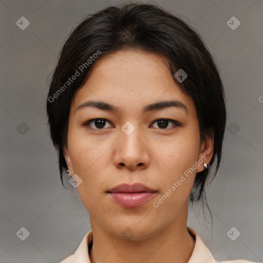 Neutral asian young-adult female with medium  brown hair and brown eyes