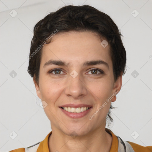 Joyful white young-adult female with short  brown hair and brown eyes