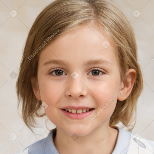 Joyful white child female with medium  brown hair and brown eyes