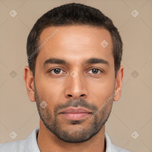 Neutral white young-adult male with short  brown hair and brown eyes