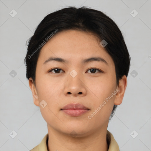 Neutral asian young-adult female with short  black hair and brown eyes