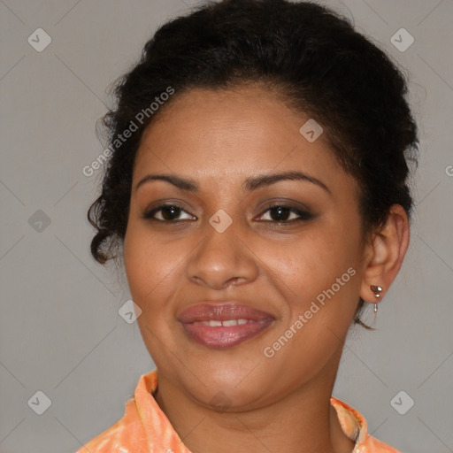 Joyful latino young-adult female with short  brown hair and brown eyes