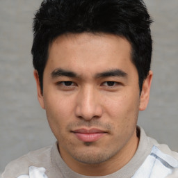 Neutral asian young-adult male with short  black hair and brown eyes