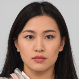 Neutral asian young-adult female with long  brown hair and brown eyes