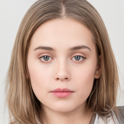 Neutral white young-adult female with long  brown hair and brown eyes