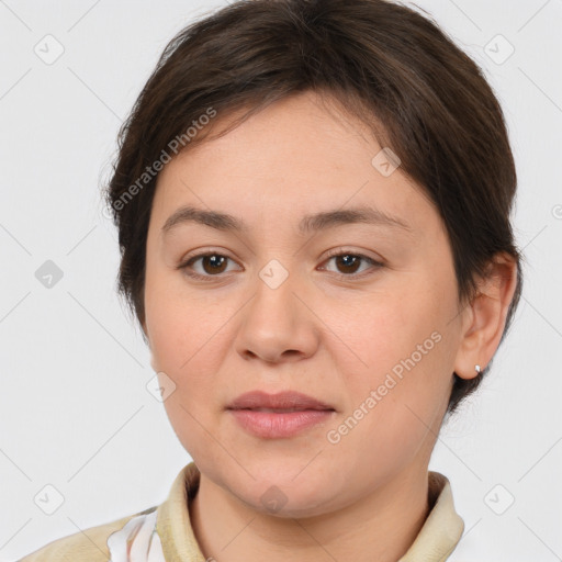 Joyful white young-adult female with medium  brown hair and brown eyes