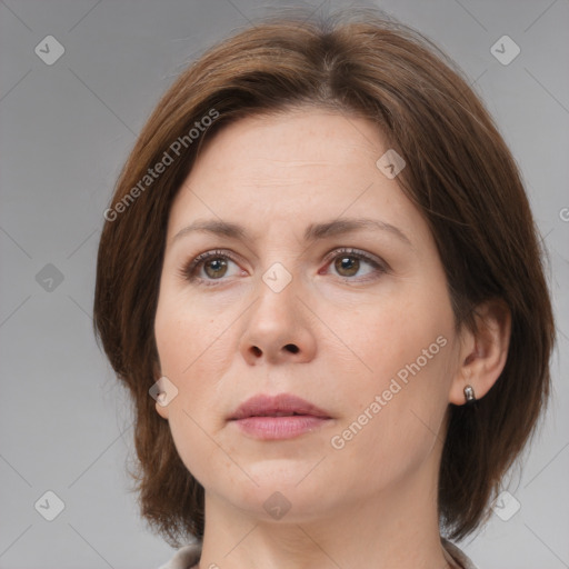 Neutral white young-adult female with medium  brown hair and brown eyes