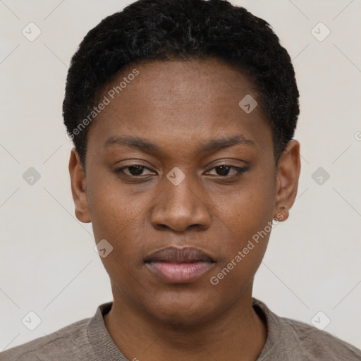 Neutral black young-adult female with short  black hair and brown eyes