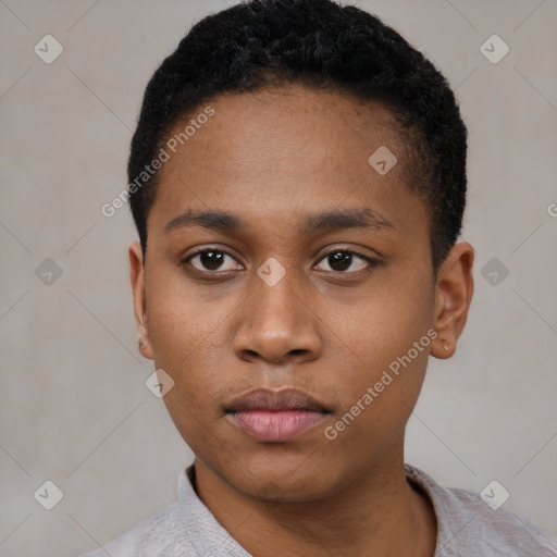 Neutral black young-adult male with short  black hair and brown eyes