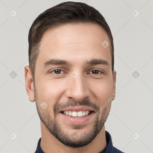 Joyful white young-adult male with short  brown hair and brown eyes