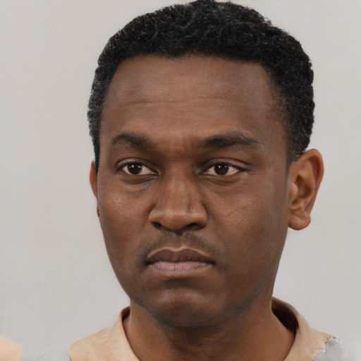 Neutral black young-adult male with short  black hair and brown eyes