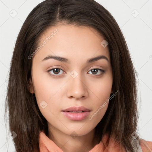 Neutral white young-adult female with long  brown hair and brown eyes