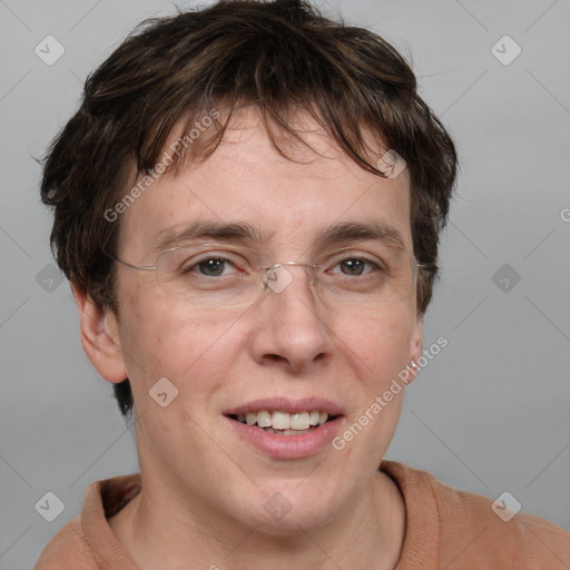 Joyful white adult male with short  brown hair and grey eyes