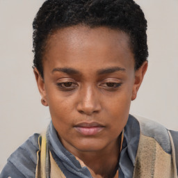 Neutral black young-adult female with short  brown hair and brown eyes