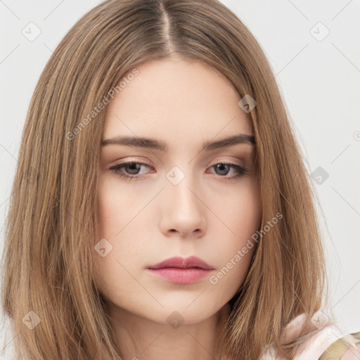 Neutral white young-adult female with long  brown hair and brown eyes