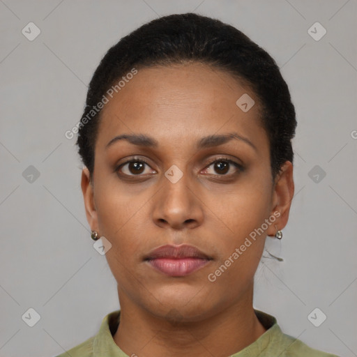 Neutral black young-adult female with short  black hair and brown eyes