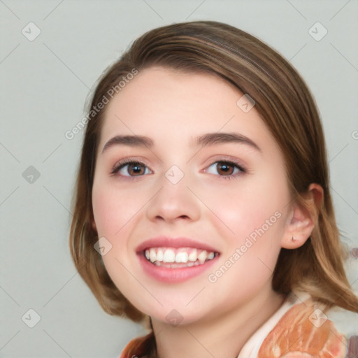 Joyful white young-adult female with medium  brown hair and blue eyes