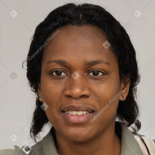 Joyful black young-adult female with medium  black hair and brown eyes